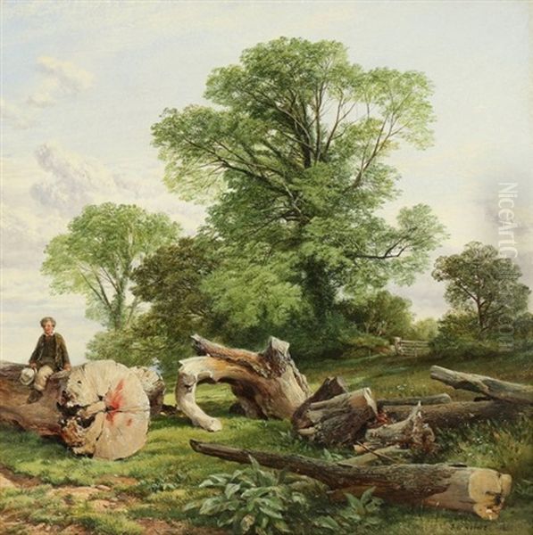 Young Boy Sitting On A Fallen Tree Oil Painting by Frederick William Hulme