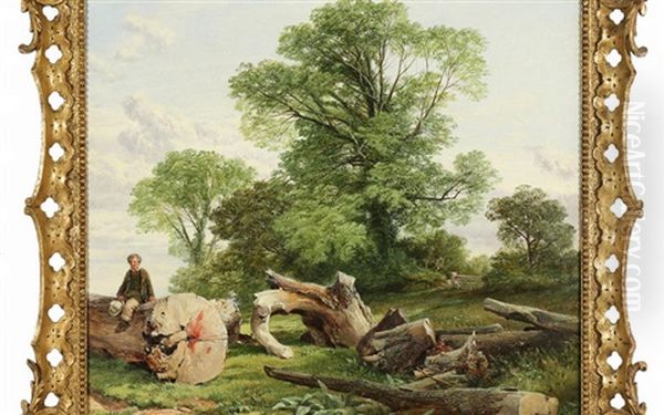 Young Boy Sitting On A Fallen Tree Oil Painting by Frederick William Hulme