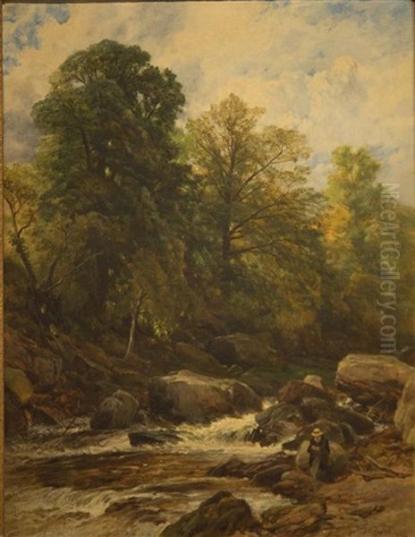 A Salmon Stream Oil Painting by Frederick William Hulme