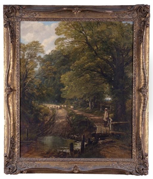 Shepherd With Flock Preparing To Cross A Creek Oil Painting by Frederick William Hulme