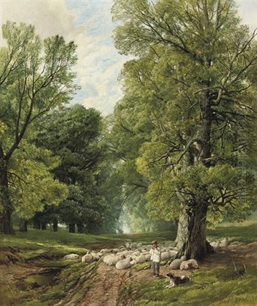 A Shepherd And His Flock In A Shady Glade by Frederick William Hulme