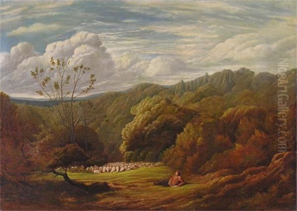 A Shepherd And His Flock In A Pastoral Landscape Oil Painting by Frederick William Hulme