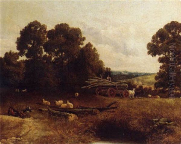 A Shepherd Resting With His Flock With Loggers Beyond Oil Painting by Frederick William Hulme