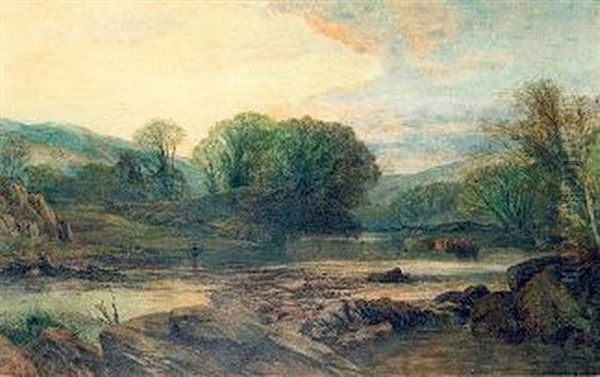 Riverscene With Cattle And Fishermen Oil Painting by Frederick William Hulme