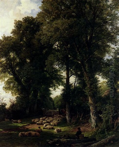 A Pastoral Landscape With A Shepherd And His Flock Resting In A Sunny Glade Oil Painting by Frederick William Hulme