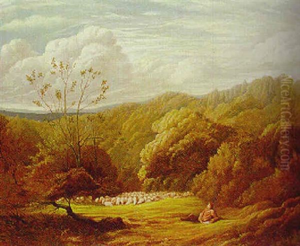 A Shepherd Resting In An Extensive Wooded Landscape Oil Painting by Frederick William Hulme