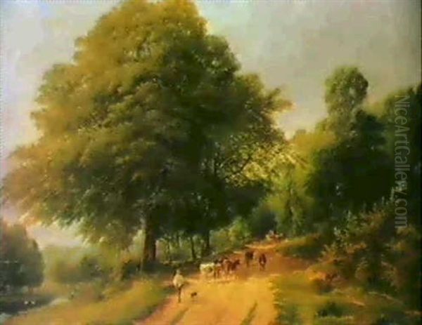 Herding Cattle On A Country Lane by Frederick William Hulme