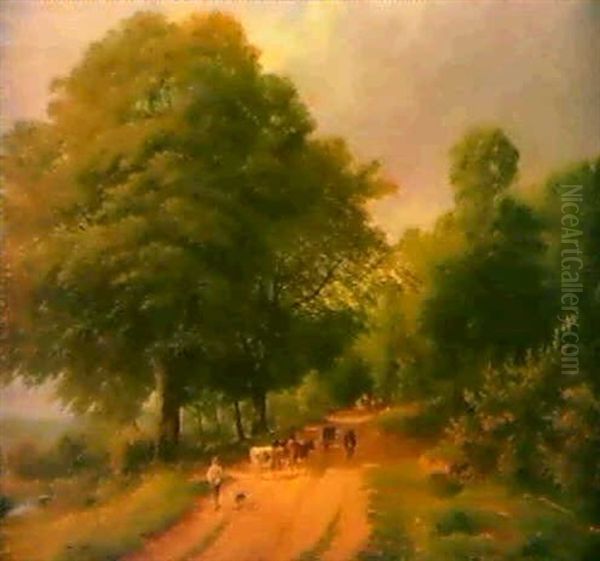 Herding Cattle On A Country Lane Oil Painting by Frederick William Hulme