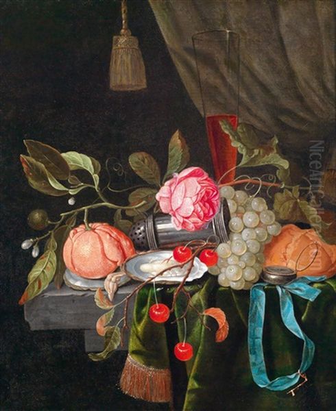 Ein Prunkstillleben Mit Einer Uhr, Einer Semmel, Obst Und Einem Silbernen Salzstreuer Auf Einer Marmornen Tischplatte Oil Painting by Gillis Jacobz van Hulsdonck