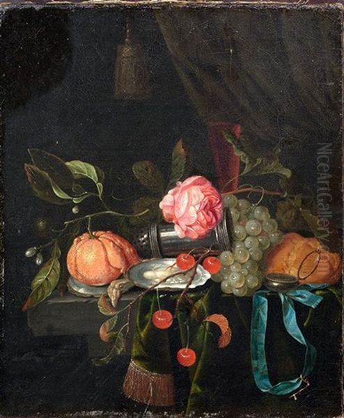 Stillleben Mit Orange, Trauben, Kirschen Und Geoffneten Austern, Einem Weinglas Auf Einem Drapierten Tisch Oil Painting by Gillis Jacobz van Hulsdonck