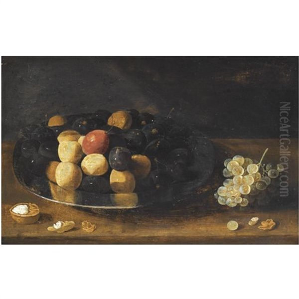 A Still Life With Plums On A Silver Tazza, Together With Grapes And A Walnut, All On A Wooden Table Oil Painting by Gillis Jacobz van Hulsdonck