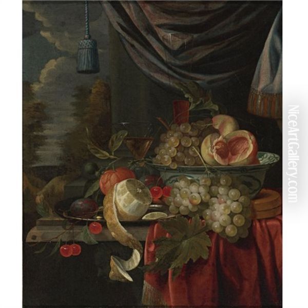 Still Life Of Grapes And Peaches In A Blue And White Porcelain Bowl, A Peeled Lemon, Plums And Cherries On A Pewter Plate, With Glasses And Other Fruit On A Draped Table, A Landscape Beyond Oil Painting by Gillis Jacobz van Hulsdonck