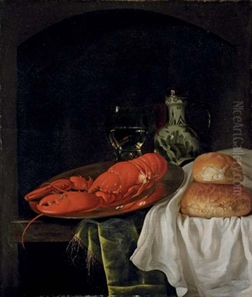 A Lobster On A Pewter Plate, A Roemer Of Wine, A Porcelain Jug And Two Bread Rolls On A White Cloth, On A Partly-draped Wooden Table In A Niche Oil Painting by Gillis Jacobz van Hulsdonck