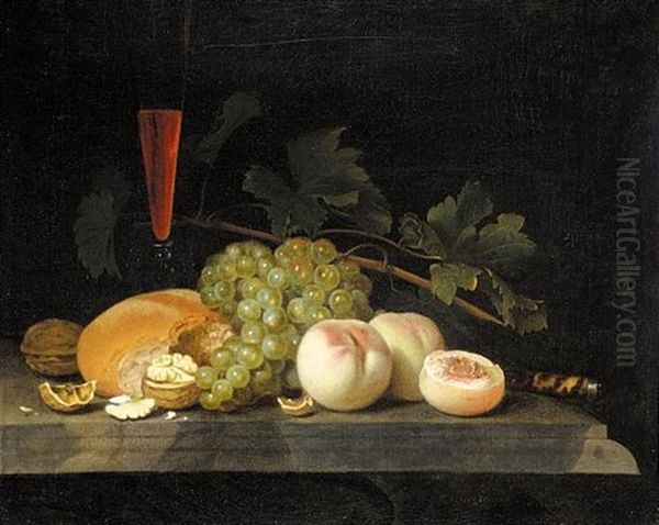 Still Life With Peaches, Grapes, Walnuts, Bread, A Half-filled Flute, Vine Leaves And A Knife Handle On A Stone Ledge Oil Painting by Gillis Jacobz van Hulsdonck