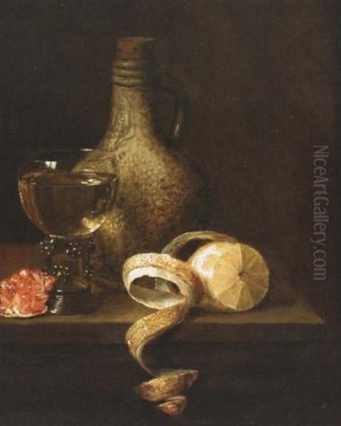 A Stil Life Of A Flagon, A Wineglass, Grapes And A Peeled Lemon Oil Painting by Gillis Jacobz van Hulsdonck