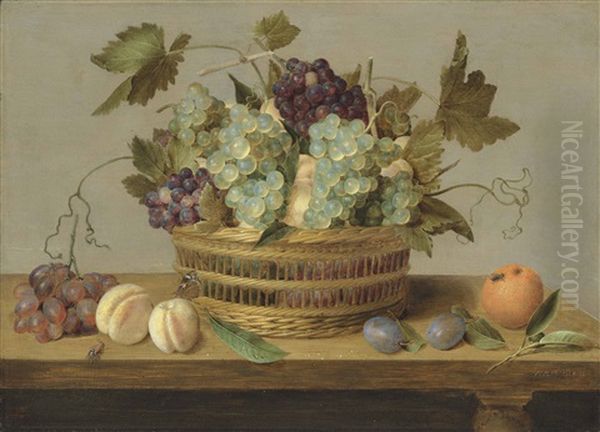 Nectarines And Grapes In A Basket On A Table, With Plums, Oranges, A Butterfly And A Beetle Oil Painting by Jacob van Hulsdonck