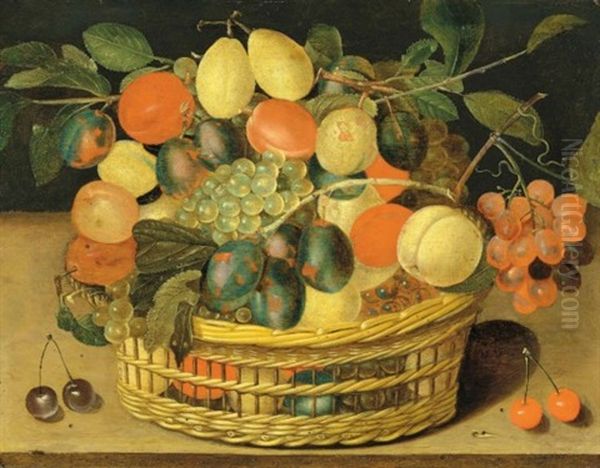 A Basket Of Grapes, Plums And Peaches On A Ledge Oil Painting by Jacob van Hulsdonck