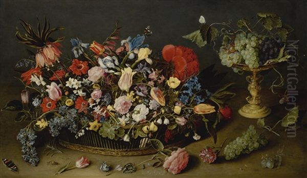 An Elaborate Basket Of Flowers And A Tazza With Grapes, On A Table Top Oil Painting by Jacob van Hulsdonck