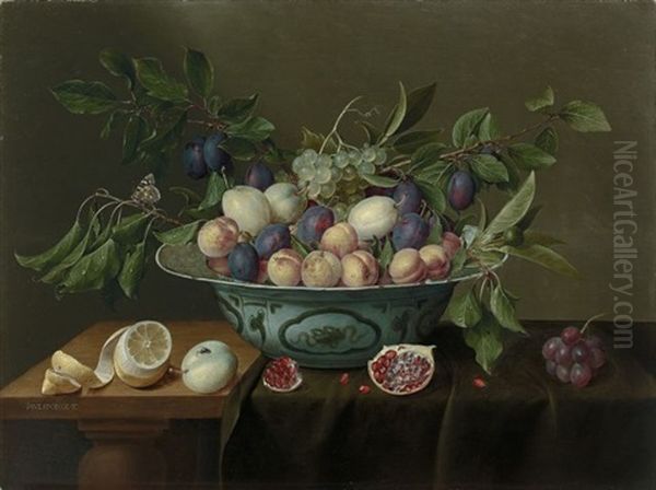 Abricots, Prunes Et Raisins Dans Une Coupe En Porcelaine Bleue De Chine Oil Painting by Jacob van Hulsdonck