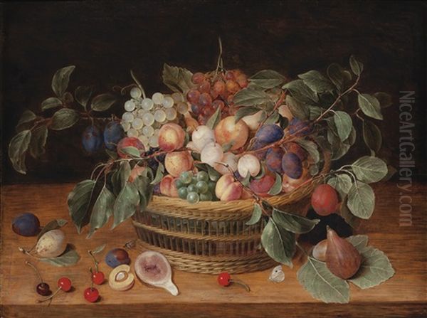 Nature Morte Aux Peches, Prunes Et Raisins Dans Une Corbeille Sur Un Entablement Oil Painting by Jacob van Hulsdonck