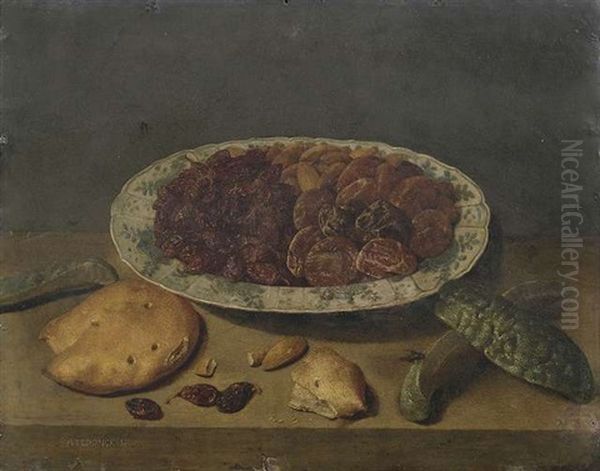 Stilleben Mit Getrockneten Rosinen, Aprikosen, Pflaumen Und Mandeln In Einer Asiatischen Schale Oil Painting by Jacob van Hulsdonck