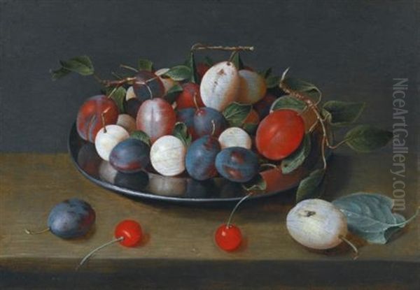 Still Life Of Plums On A Plate, With Cherries On The Ledge Beside Oil Painting by Jacob van Hulsdonck