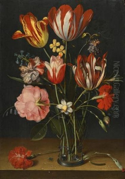 Still Life Of Tulips, Carnations, A Rose And Other Flowers In A Glass Beaker Resting On A Wooden Ledge<br /><br /> Oil Painting by Jacob van Hulsdonck