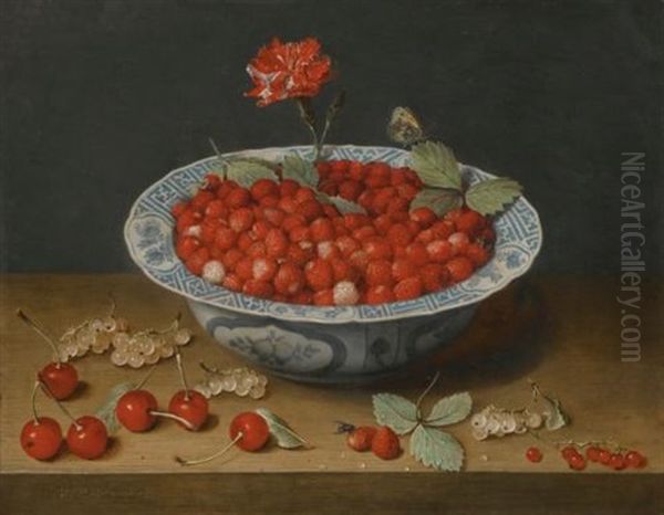 A Still Life With Wild Strawberries And A Carnation In A Ming Dynasty, Wanli Period), Blue And White Kraak-type Barbed-rim Bowl, With Cherries And Redcurrants On A Wooden Ledge Oil Painting by Jacob van Hulsdonck