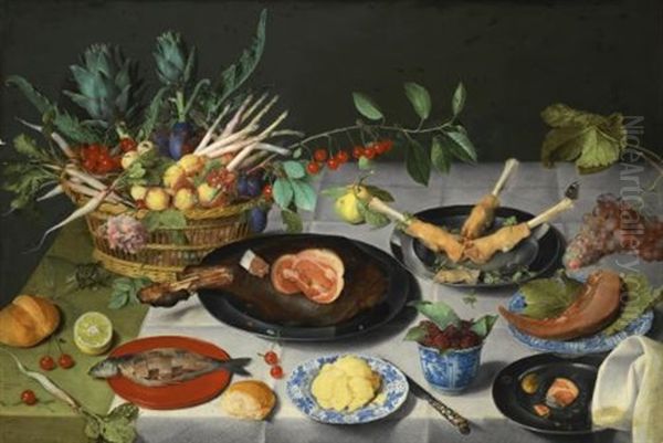 A Still Life With Artichokes, Radishes, Asparagus, Plums, Cherries And Peaches In A Basket Oil Painting by Jacob van Hulsdonck