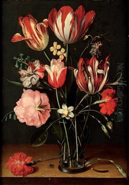 Bouquet De Tulipes Avec Une Rose Et Des Oeillets Dans Un Gobelet De Verre Oil Painting by Jacob van Hulsdonck