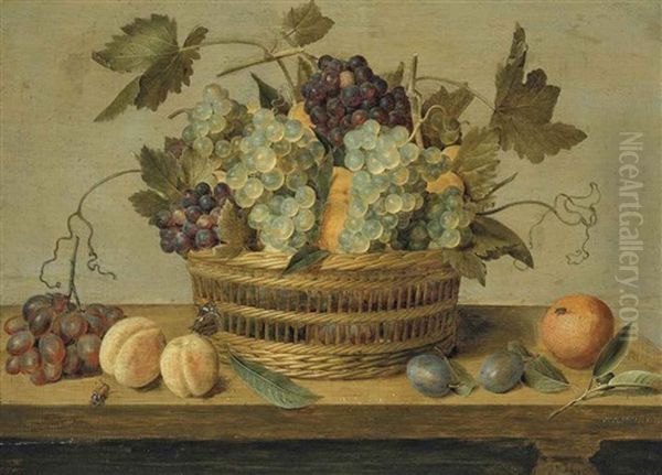 Nectarines And Grapes In A Basket On A Table, With Plums, Oranges, A Butterfly And A Beetle Oil Painting by Jacob van Hulsdonck