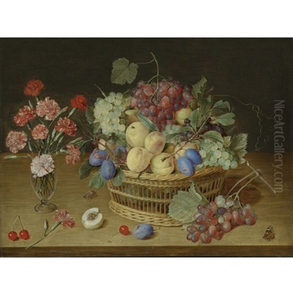 A Still Life With A Vase Of Carnations And A Basket Of Peaches, Plums, Black And White Grapes, And Cherries On A Wooden Table Top, With A Maybug, A Red Admiral Butterfly And A Bluebottle Oil Painting by Jacob van Hulsdonck