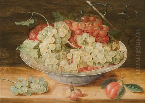 Coupe En Porcelaine De Type Wanli Avec Grappes De Raisins Et Fruits Disposes Sur Un Entablement Oil Painting by Jacob van Hulsdonck