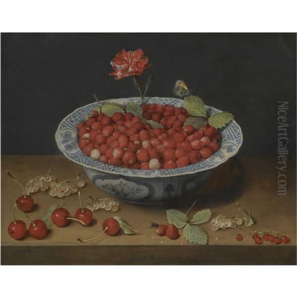 A Still Life Of Wild Strawberries And A Carnation In A Ming Bowl, With Cherries And Redcurrants On A Wooden Ledge Oil Painting by Jacob van Hulsdonck