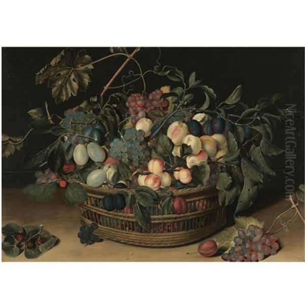 Still Life With Peaches, Apricots, Plums, Greengages And Grapes In A Wicker Basket On A Wooden Tabletop Oil Painting by Jacob van Hulsdonck