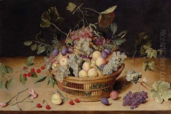 Plums, Grapes, Peaches And Cherries In A Basket And Strewn On A Ledge With Carnations And A Butterfly Oil Painting by Jacob van Hulsdonck