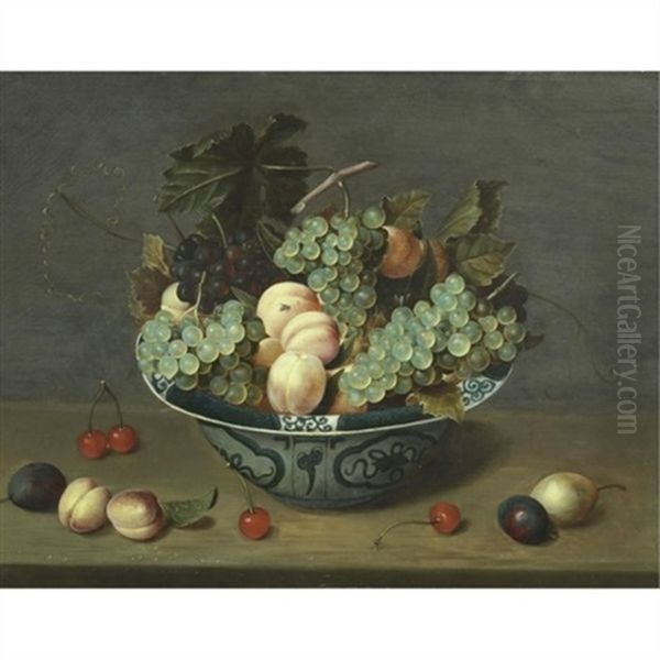 Still Life With Peaches And White And Red Grapes In A Chinese Wan-li Porcelain Bowl On A Ledge With Plums, Cherries And Apricots Oil Painting by Jacob van Hulsdonck