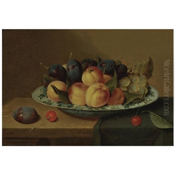 A Still Life Of Apricots And Plums In A Wan-li Porcelain Bowl Together With Cherries, All On A Table-top Partly Draped With A Green Cloth Oil Painting by Jacob van Hulsdonck