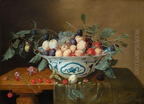 Still Life Of Apricots, Plums, Red And White Grapes In A Wan Li Kraak Porcelain Bowl, With Cherries, Hazelnuts, Carnations And Plums Strewn Upon A Wooden Table-top, Partly Covered With A Green Cloth Oil Painting by Jacob van Hulsdonck