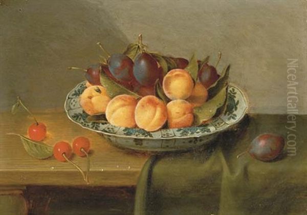 Peaches And Plums In A Blue And White Porcelain Bowl With Cherries On A Partly-draped Table Oil Painting by Jacob van Hulsdonck