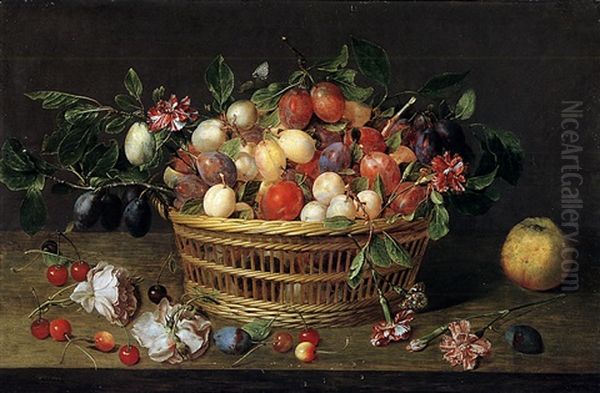 Nature Morte De Prunes, Quetsches Et Abricots Dans Un Panier D'osier Pose Sur Un Entablement Pres De Cerises, Roses Et Oeillets Oil Painting by Jacob van Hulsdonck