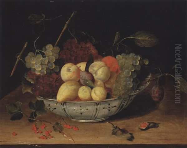 Raisins Et Prunes Dans Un Plat En Delft Sur Un Entablement En Bois Oil Painting by Jacob van Hulsdonck