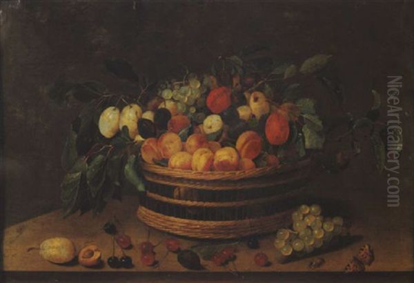 Nature Morte Au Panier D'abricots, Prunes Et Raisins Sur Un Entablement Oil Painting by Jacob van Hulsdonck