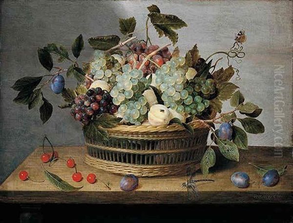 A Still Life Of Grapes, Plums And Peaches In A Basket Resting On A Wooden Ledge And Flanked By Plums And Cherries Oil Painting by Jacob van Hulsdonck