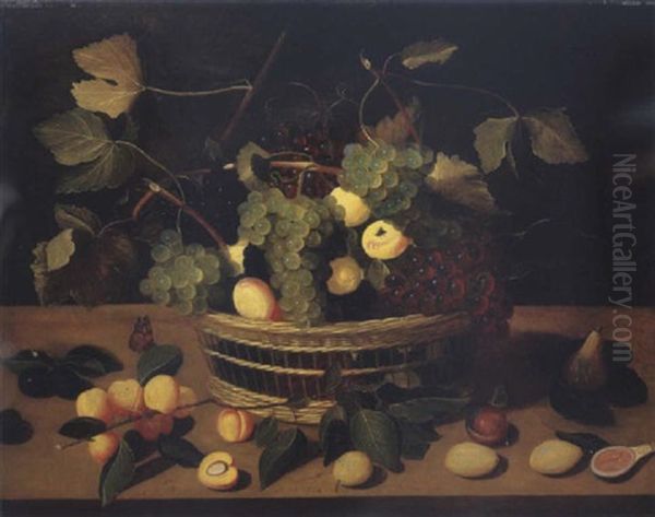 Un Panier De Raisins Et D'abricots, Des Branches D'abricotier, Des Prunes Et Des Figues Sur Un Rebord En Bois Oil Painting by Jacob van Hulsdonck