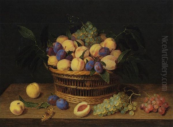 A Still Life Of Plums, Peaches And Grapes In A Basket On A Table With A Tortoise Shell Butterfly Oil Painting by Jacob van Hulsdonck