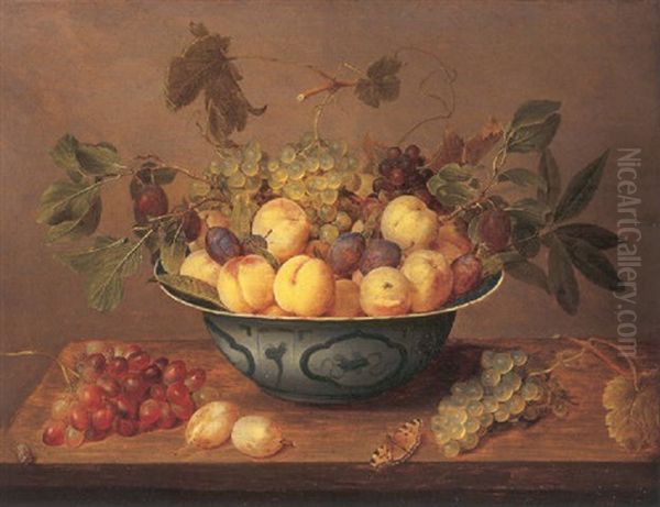 Grapes On The Vine, Peaches And Plums In A Wanli Kraak Porselein Bowl On A Wooden Ledge Oil Painting by Jacob van Hulsdonck