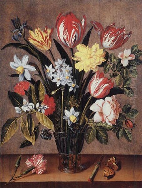 Tulips, Daffodils, Carnations, A Rose And An Iris In A Berkemeyer With A Butterlfly On A Wooden Ledge Oil Painting by Jacob van Hulsdonck