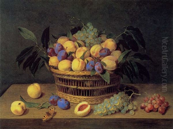 A Still Life Of Plums, Peaches And Grapes In A Basket On A Table, With A Tortoiseshell Butterfly by Jacob van Hulsdonck