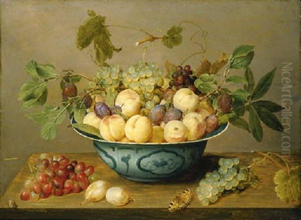 Grapes On The Vine, Peaches And Plums In A Wanli Kraak On A Wooden Ledge, With A Butterfly And A Beetle Oil Painting by Jacob van Hulsdonck